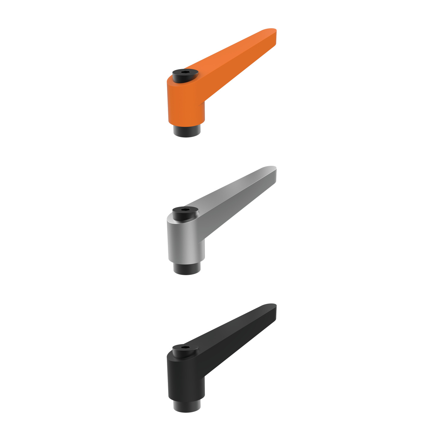 Adjustable Clamping Levers Adjustable clamping levers with threaded bore, made from die-cast zinc and available in three colours. Actuated by lifting the leaver, disengaging the serrations.