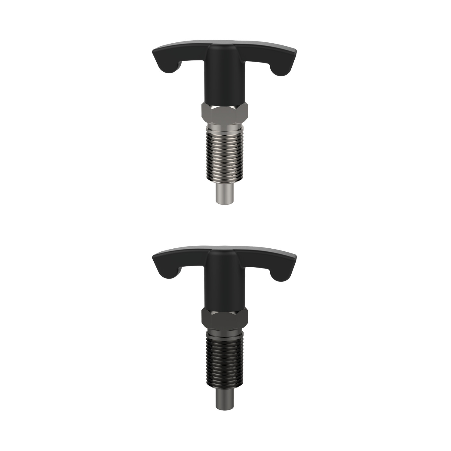 Index Plungers - T-handle Grip T-handle grip index plunger, locking, compact. Easy to grip handle helps improved handling when using safety gloves or other situations when an operator has limited dexterity.