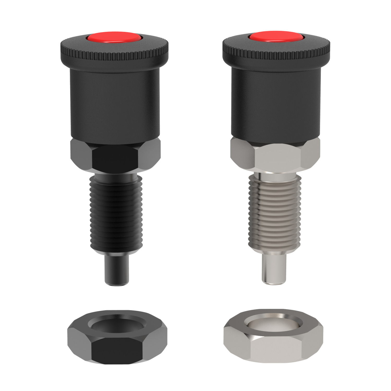 Index Plungers -Pull Grip Pull grip index plunger with rapid locking head. Pull knob up, red button flush= pin locked. Press red button, red button out=pin unlocked. Temperature range from -30°C to +80°C.