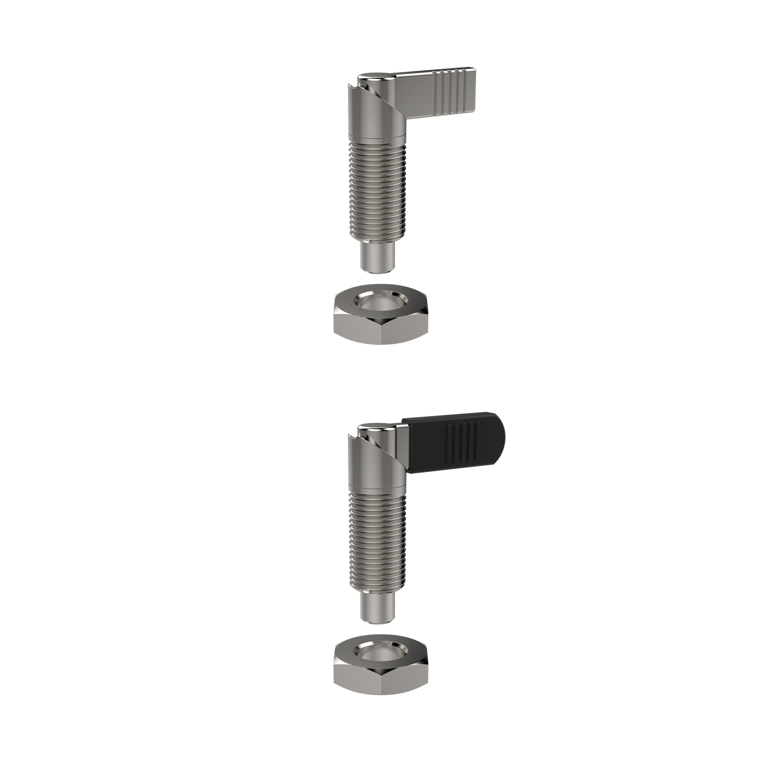 Index Plungers - Lever Grip Stainless steel locking lever grip index plunger with or without plastic handle. Actuate via 180° turn to retract pin and secure in notch to lock the pin whilst retracted.