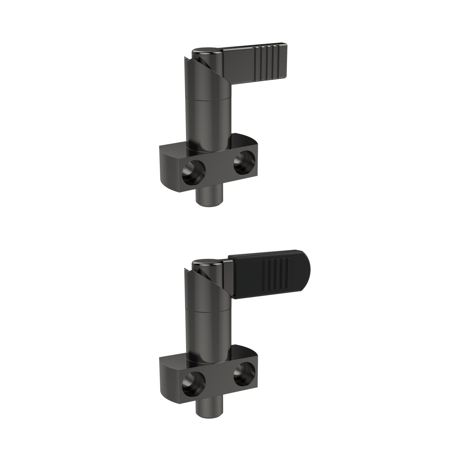 Index Plungers - Lever Grip Flange mount, locking lever grip index plunger. Counter sunk holds on both sides allow for right or left mounting. Made from blackened steel with thermoplastic grip.
