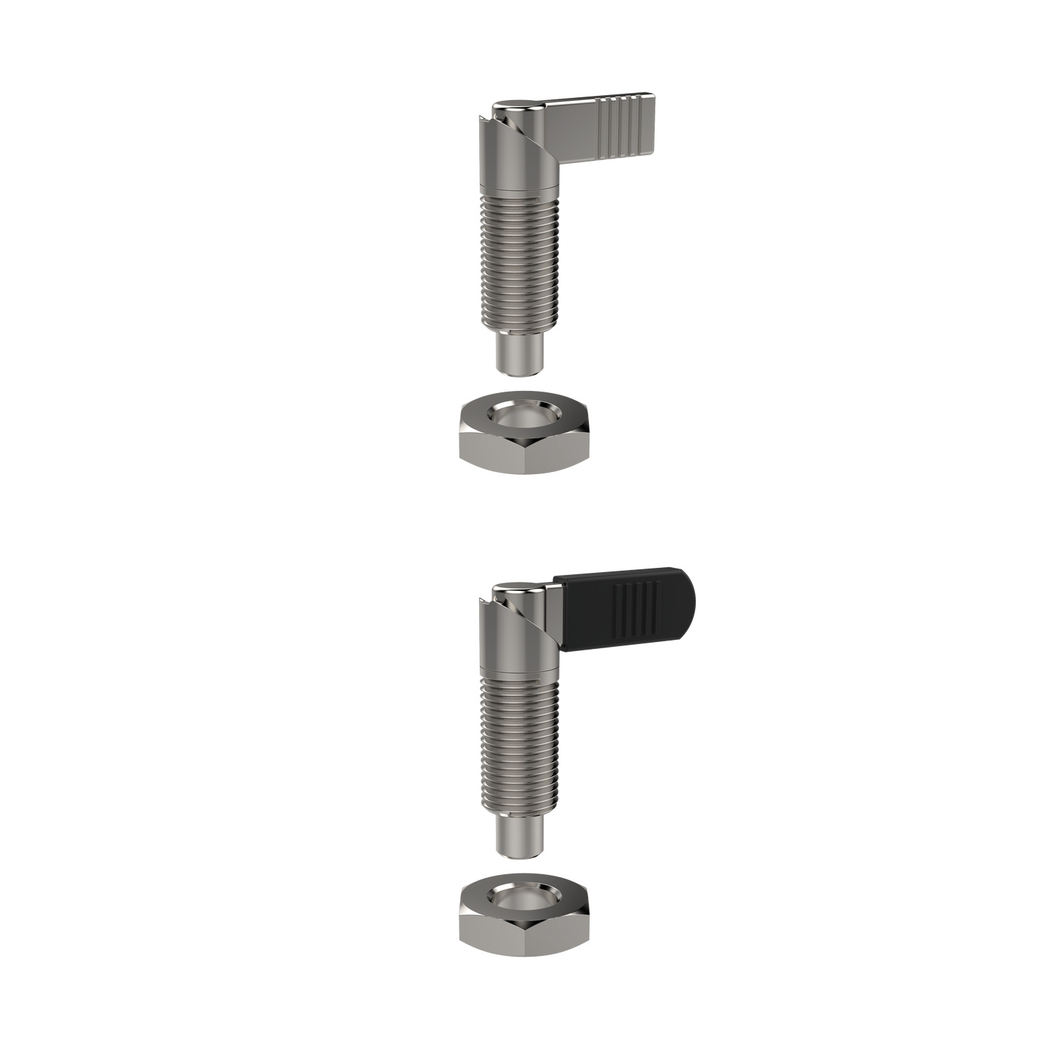 Index Plungers - Lever Grip Stainless Steel, Locking Lever-grip Index Plunger with or without plastic handle. Actuate via 180° turn to retract pin and secure in notch to lock the pin whilst retracted.