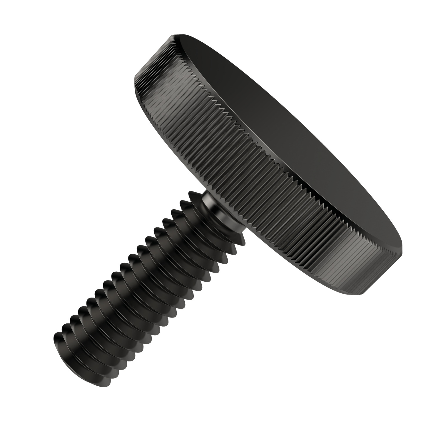 Flat Knurled Thumb Screws A flat knurled thumb screw made from blackened steel (5.8) to DIN 653 specification.