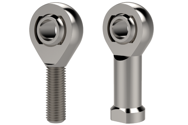 two stainless steel heavy duty rod ends with integral spherical plain bearings, one female and one male