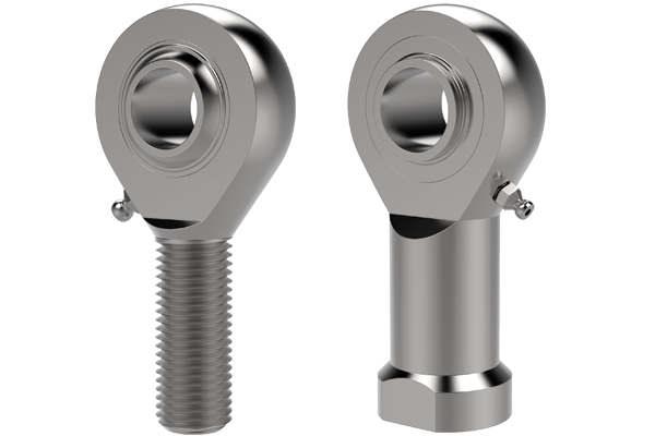 two heavy duty silver coloured rod ends with integral ball bearings, one male and one female